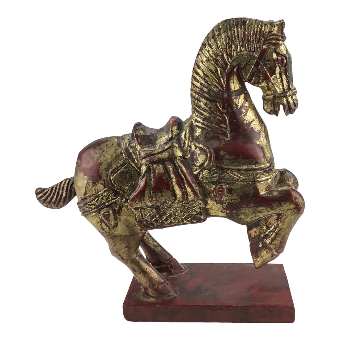 Vintage Maitland Smith Chinese Style Tang Horse Wood With Gold Detailing: A beautiful example of Chinese art. Hand carved and decorated. Vintage style and quality. Today's wood carvings are not by hand. They are machine produced with rough details. In gift worthy condition.