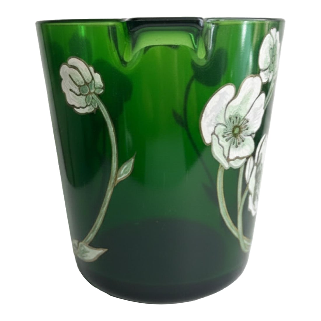 Vintage French Perrier-Jouet Style Green Glass Anemone Champagne Bucket: Striking vintage French emerald-green glass champagne bucket featuring a graceful white, pale green and gold-toned anemone floral motif associated with the celebrated Belle Epoque design of Perrier-Jo