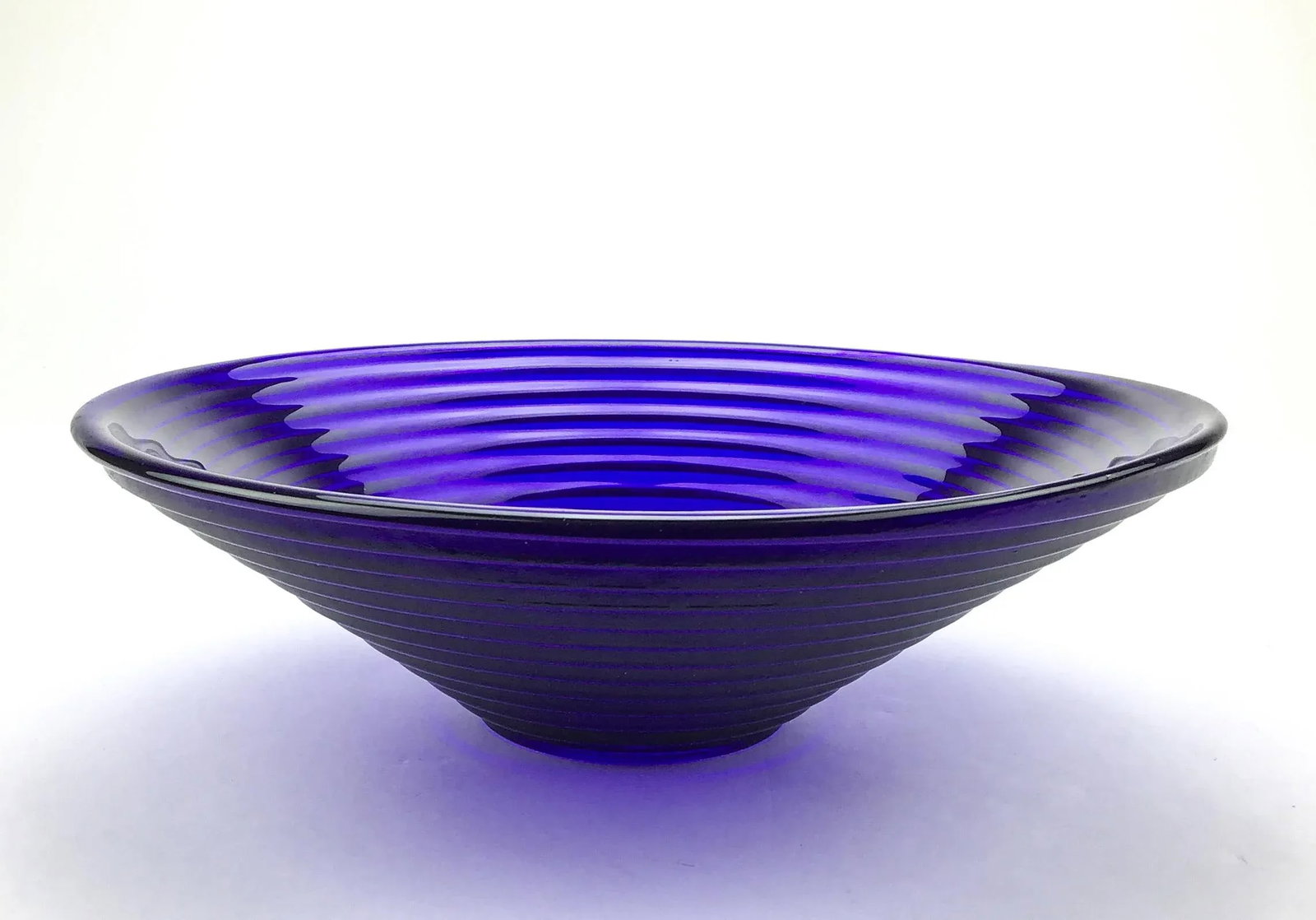 Art Deco Cobalt Blue Ribbed Glass Serving Bowl - 2