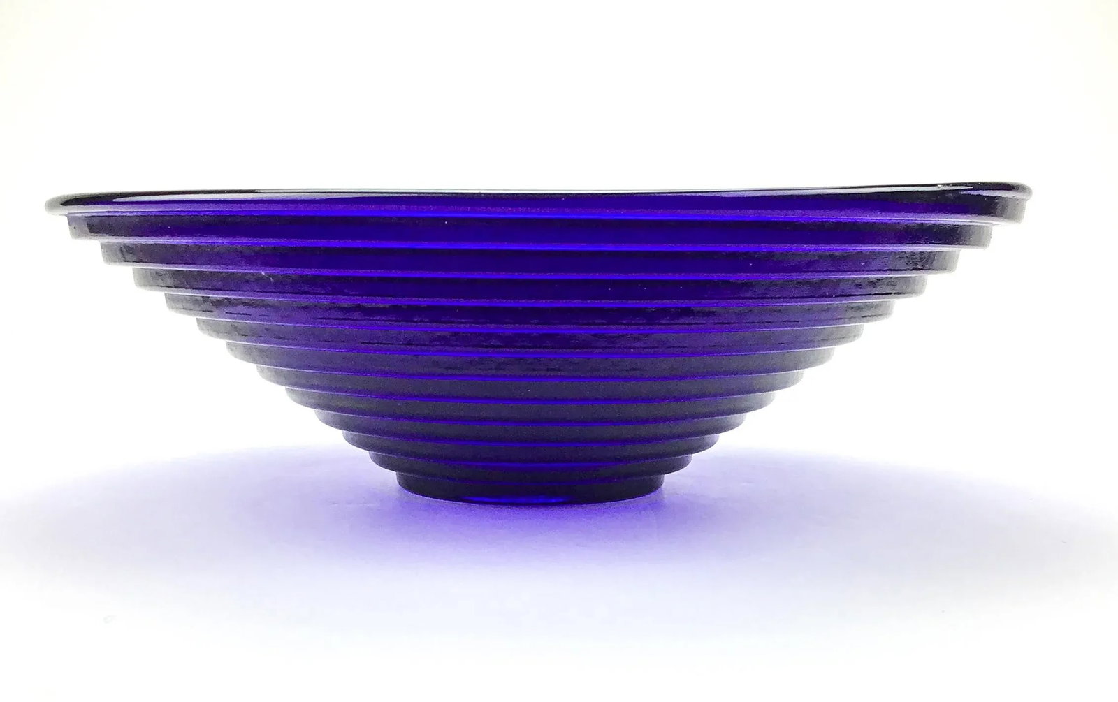 Art Deco Cobalt Blue Ribbed Glass Serving Bowl - 3
