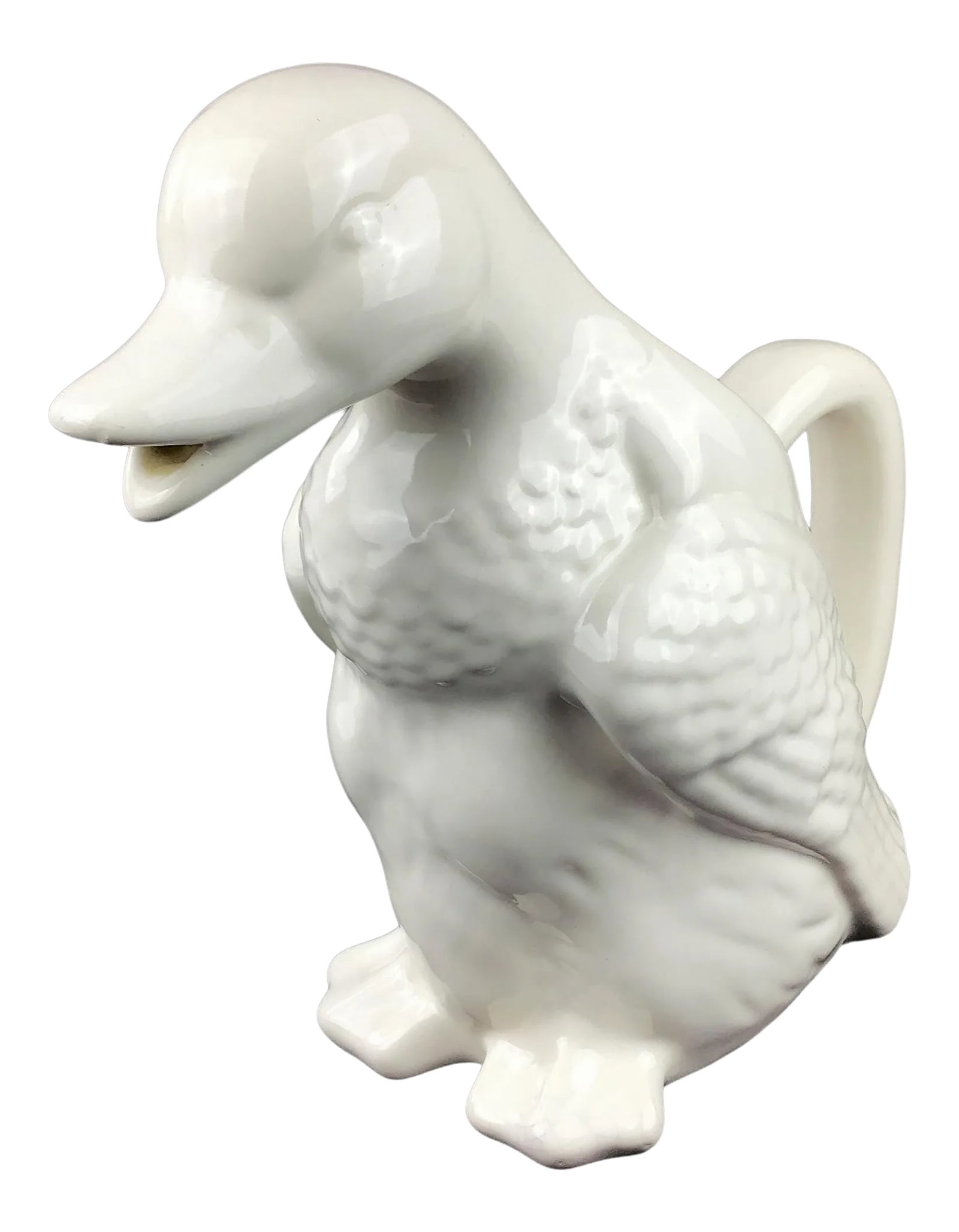White Vintage Ceramic Porcelain Duck Pitcher: A really fun and useful pitcher or wine decanter made into the shape of a large duck. He is white or off white, and in wonderful vintage condition without repairs. A very small amount of crazing can