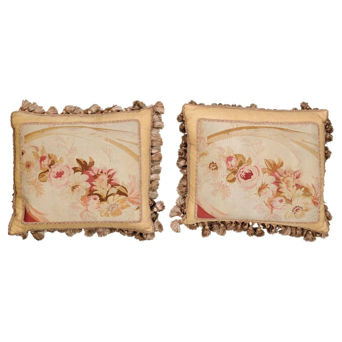 19th Century French Aubusson Tapestry Pillows with Roses and Tassels - a Pair - 13