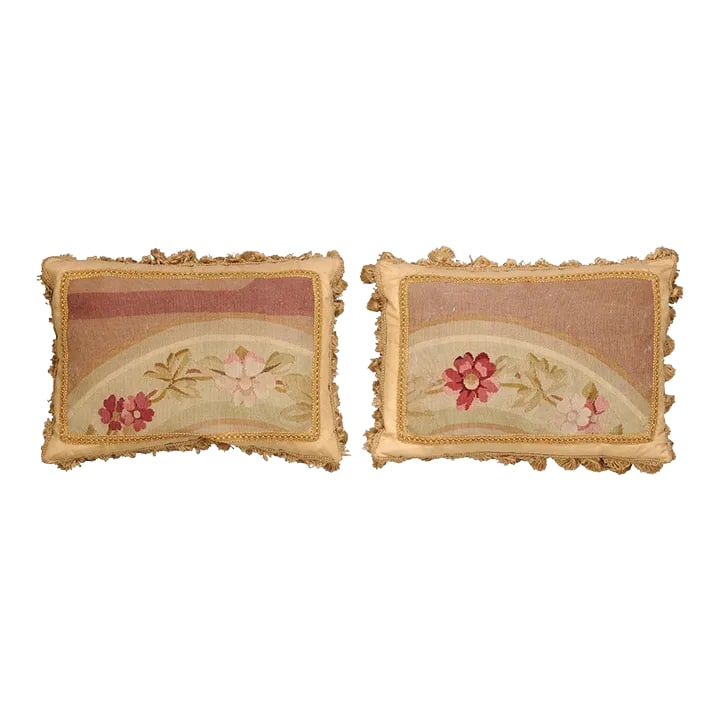 French 19th Century Aubusson Tapestry Pillows with Flowers & Tassels - a Pair (1 of 12)