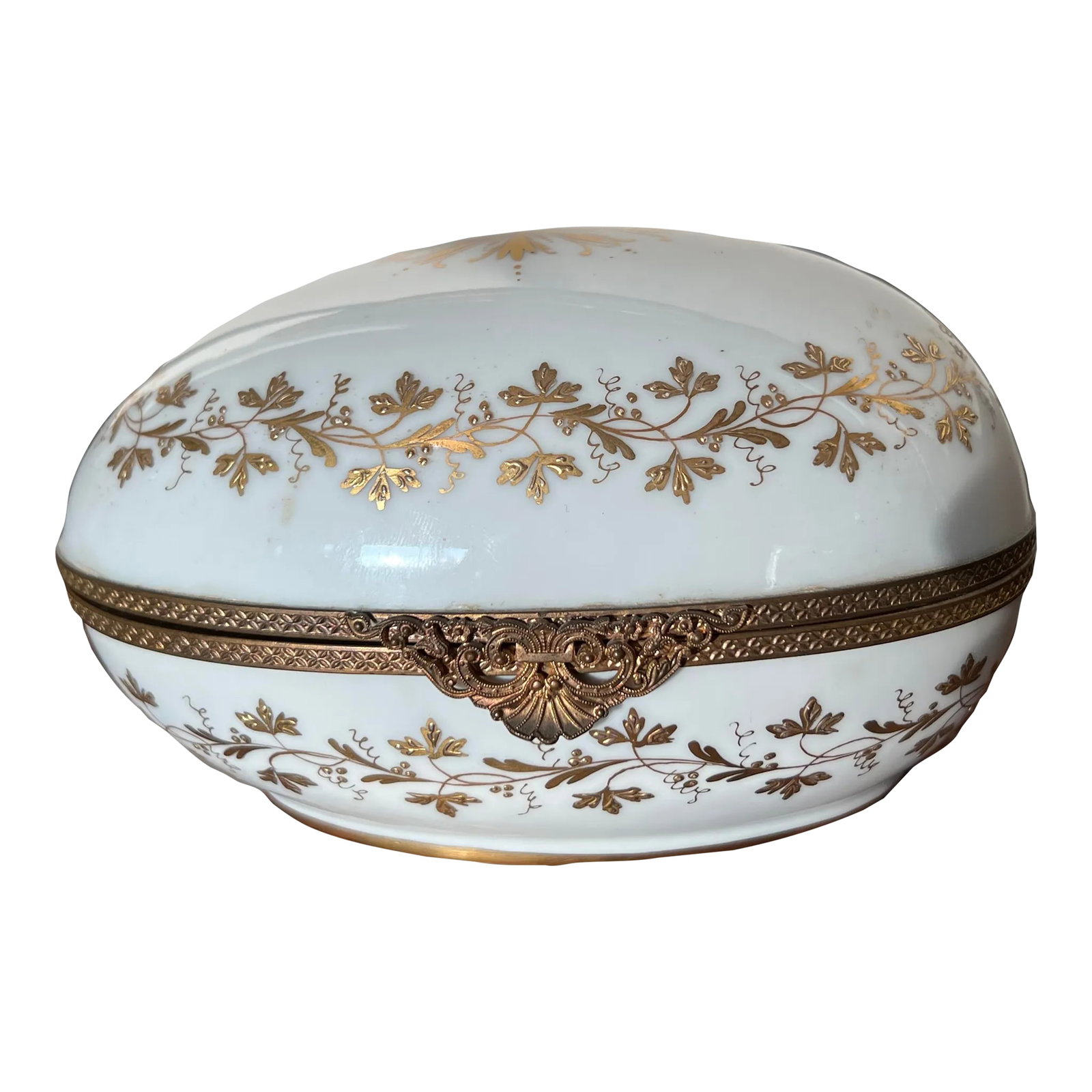 1940s Oversized Le Tallec Porcelain Egg Shaped Dresser Box Gilt Foliate Decoration: Beautiful oversized porcelain egg shaped dresser box with gilt foliate decoration and brass ormolu mounts. Signed to bottom Condition: Alterations: Original Condition Unaltered Imperfections: Some Imp