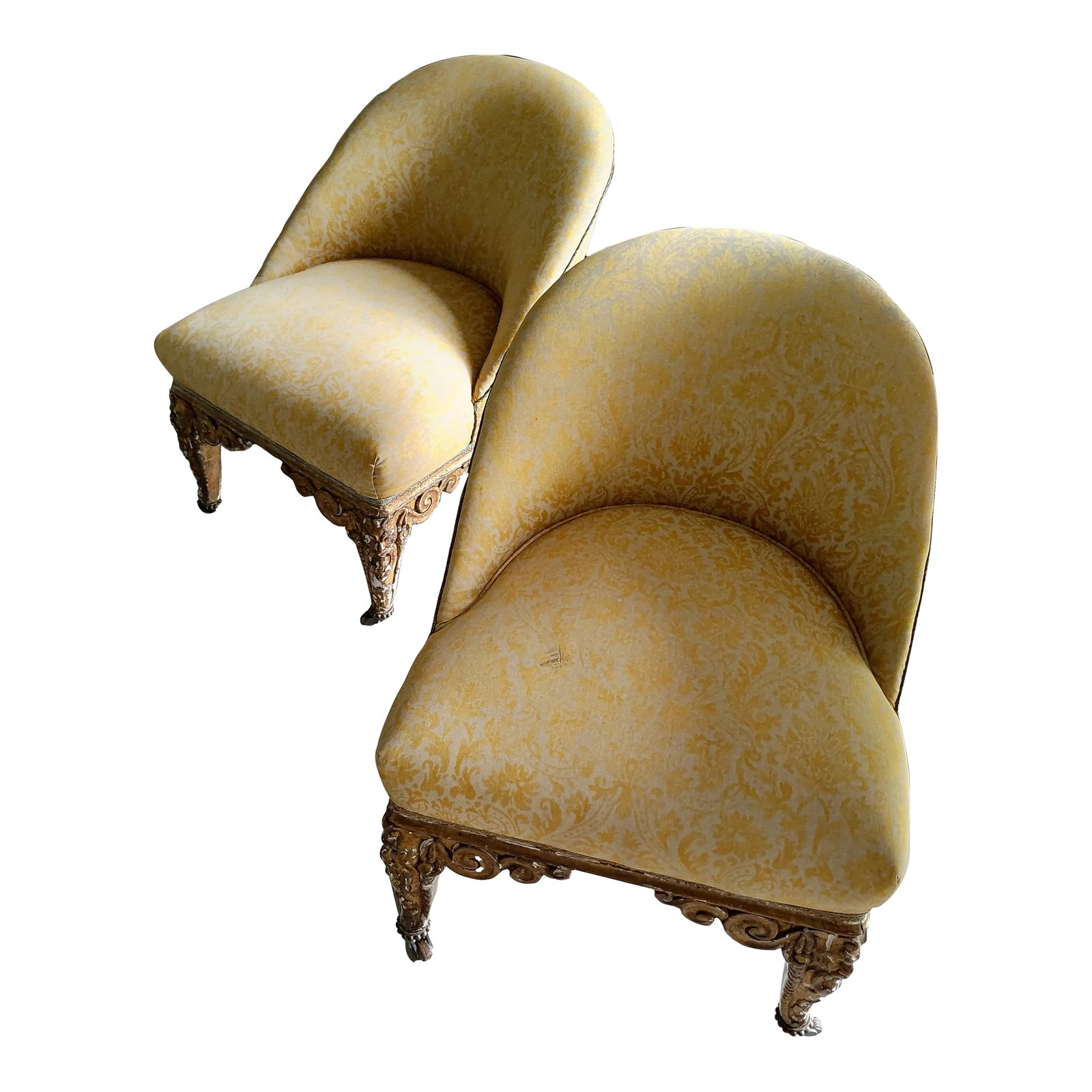 Early 20th Century Gilded Carved Wood Side Chairs With Gold Damask Fabric - a Pair: lovely european carved gilded legged pair of chairs on casters. pillow not included. Condition: Alterations: Original Condition Unaltered Imperfections: Some Imperfections Condition Notes: reupholster