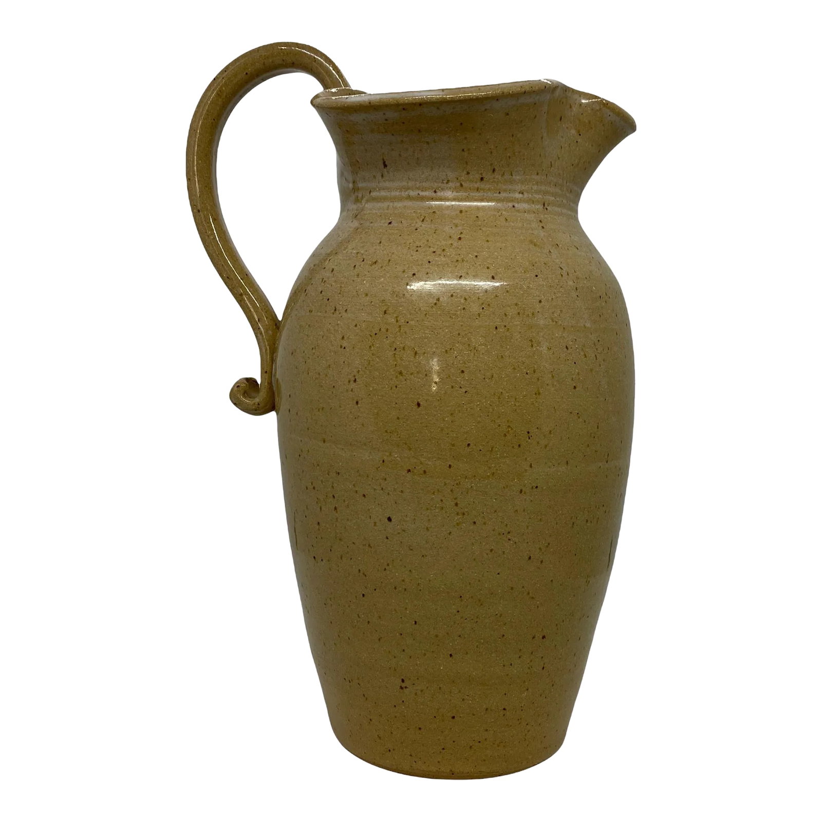 Contemporary Pebbles Pottery, North Carolina Tulip Edge Tan Pitcher: Wonderful Pebbles Pottery Tulip Edge Speckled Tan Pitcher Vase. This Vase made by Pebbles Bryson who was located in her grandmother's old house the town of Eagle Springs, North Carolina. Pebbles made