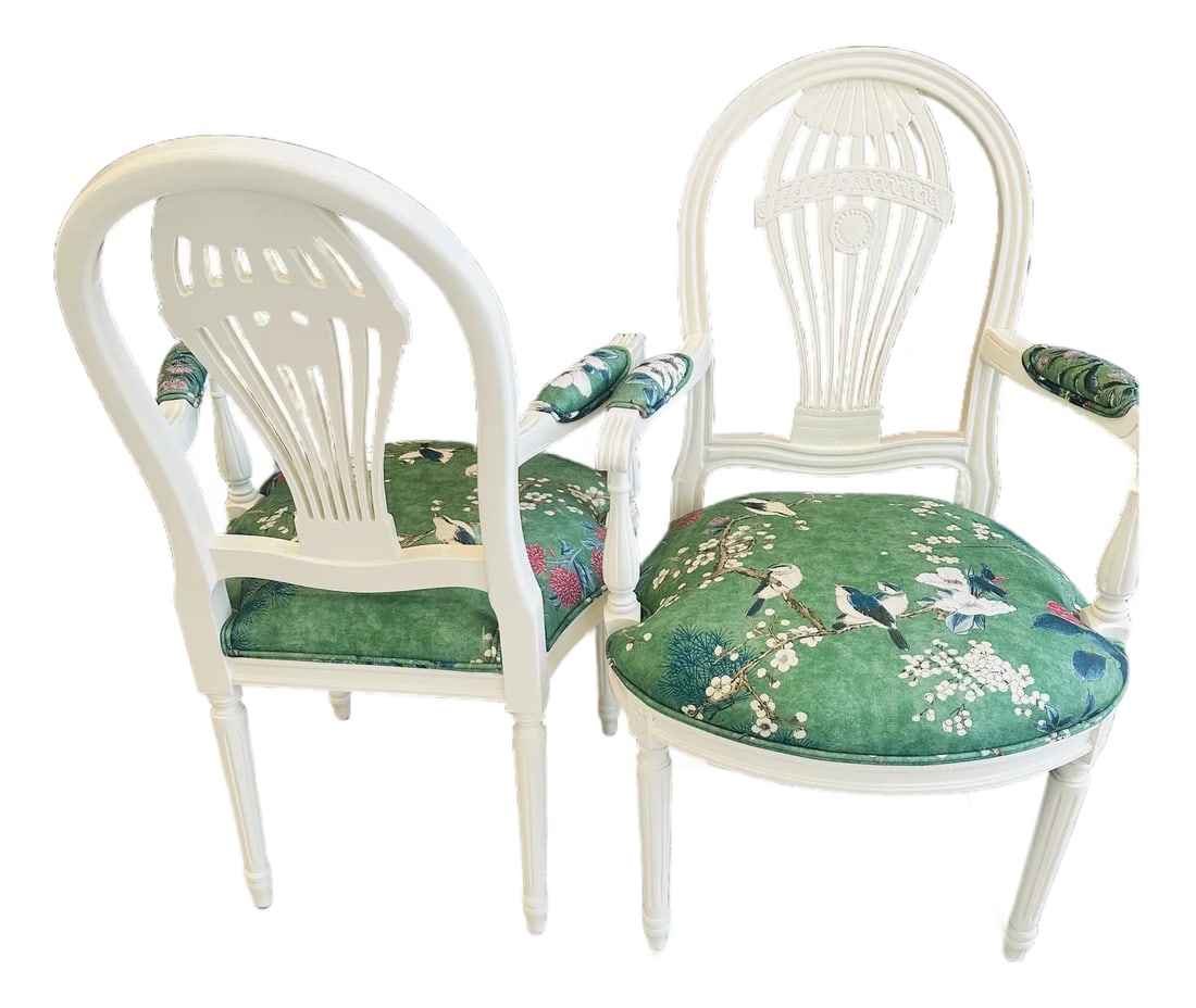 20th-Century Louis XVI Style Neoclassical Armchairs, Newly Reimagined - Thibaut Katsura in Emerald: A beautifully reimagined pair of neoclassical-style armchairs, restored with a refined eye and elevated through exceptional materials. The frames have been professionally refinished in a rich Ivory