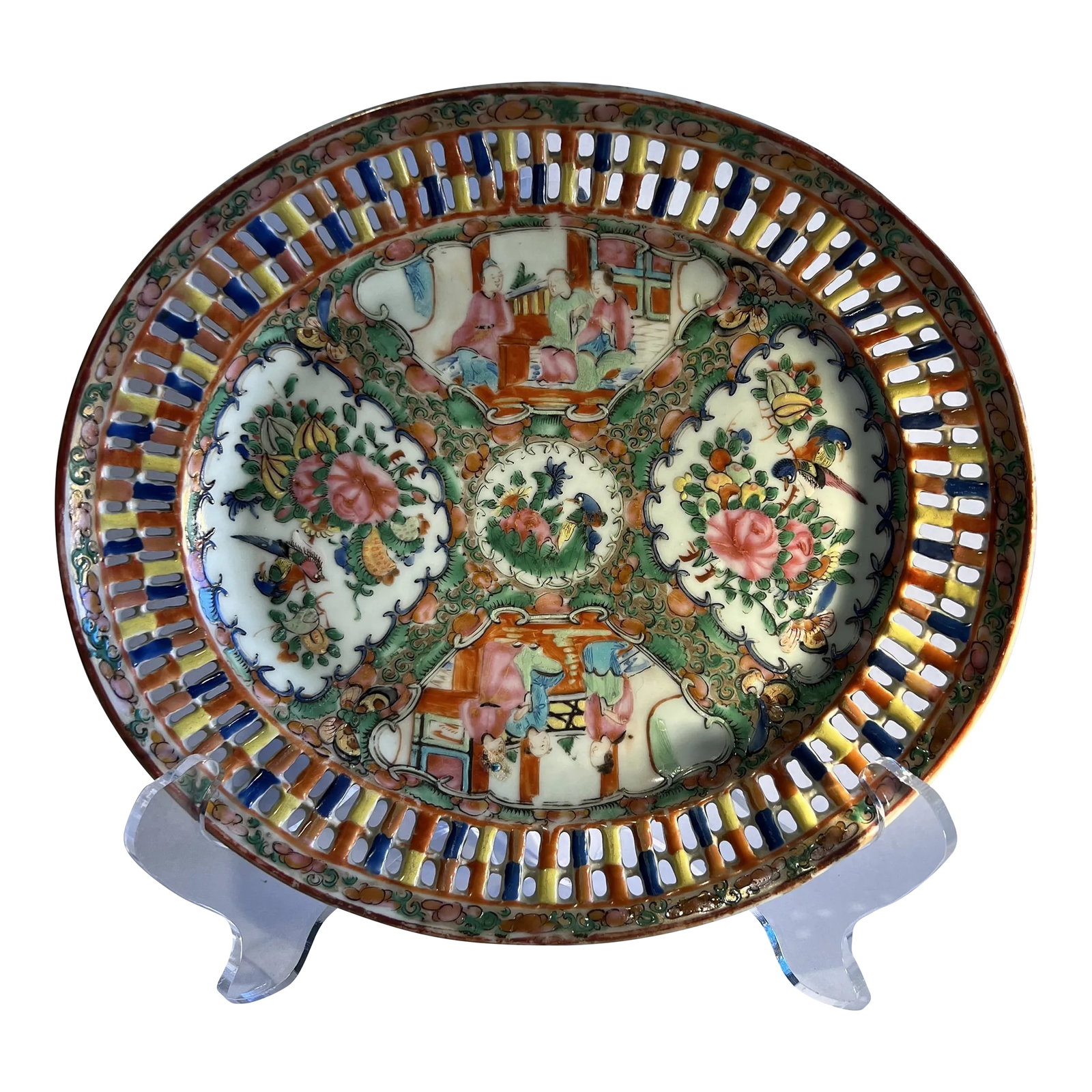 19th Century Chinese Rose Medallion Pierced Platter: 19th century chinese famille rose medallion pierced platter with multi polychromed decoration. Figural and bird windows to center. Condition: Alterations: Original Condition Unaltered Imperfections: S