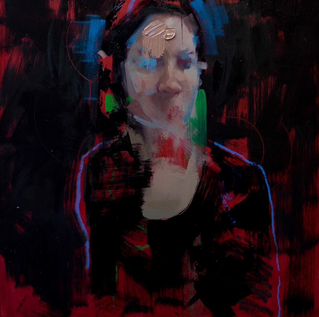 Looking Forward to the Past by John Wentz | Oil Painting of a woman with abstract features: This oil on wood panel artwork presents a figure enveloped in a rich, dark background, evoking a sense of introspection and nostalgia. The bold brushstrokes and vibrant colors create a dynamic