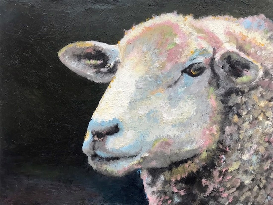 Guinness by Carrie Goller | Oil and cold wax on wood panel Sheep portrait on dark background: This artwork features a close-up of a sheep, its textured wool rendered with a blend of soft colors that evoke a sense of warmth and gentleness. The dark background enhances the sheep's serene