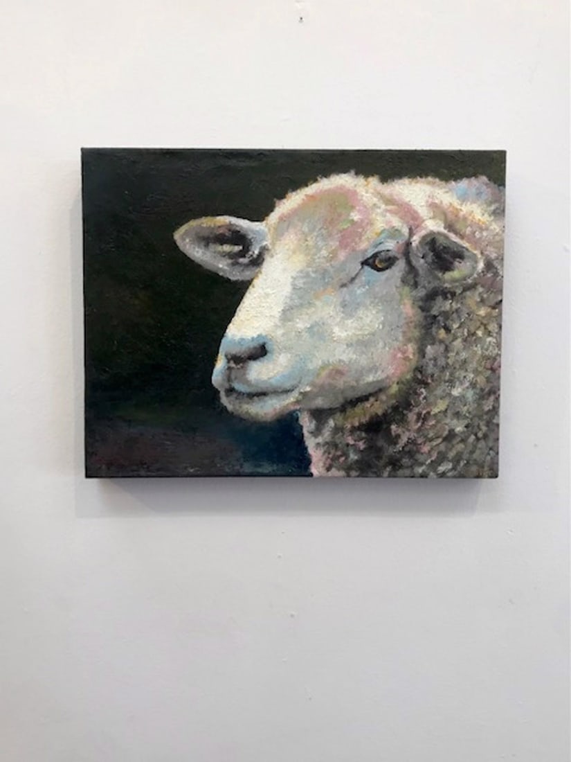 Guinness by Carrie Goller | Oil and cold wax on wood panel Sheep portrait on dark background - 2