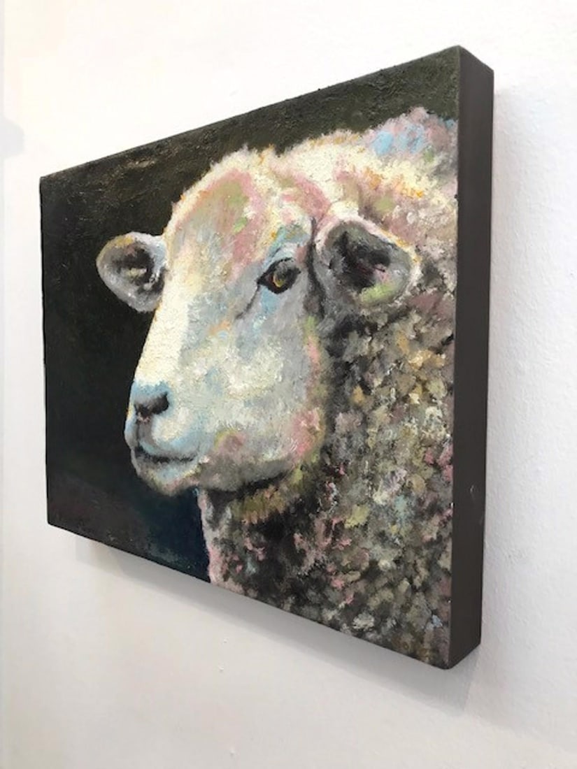 Guinness by Carrie Goller | Oil and cold wax on wood panel Sheep portrait on dark background - 3
