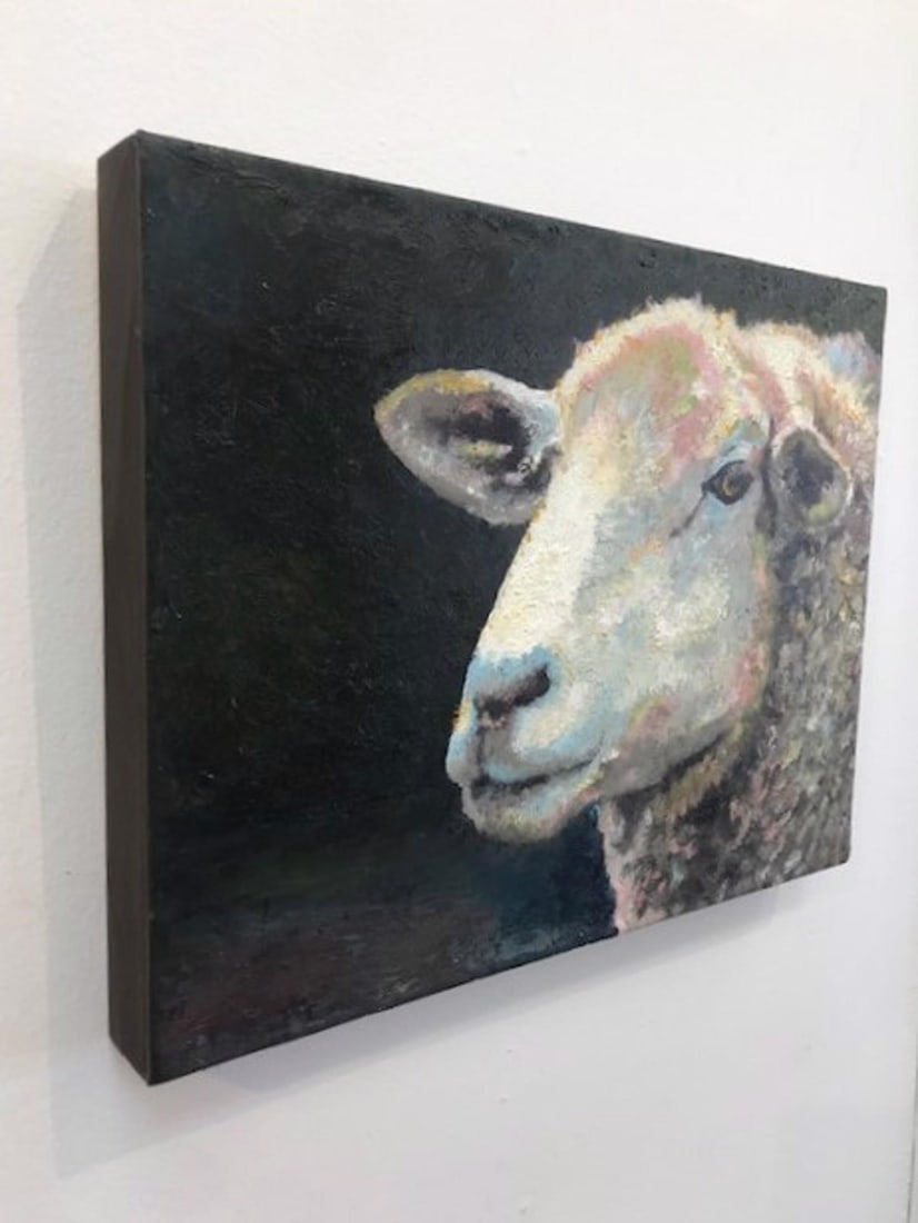 Guinness by Carrie Goller | Oil and cold wax on wood panel Sheep portrait on dark background - 4