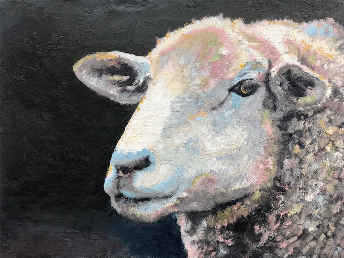Guinness by Carrie Goller | Oil and cold wax on wood panel Sheep portrait on dark background - 5
