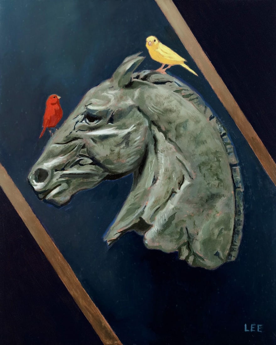 Survivors by Bernard Lee | Oil Painting of a horse head with two birds perched on it: The artwork features a sculptural representation of a horse's head rendered in muted tones, juxtaposed against a dark background. Two brightly colored birds, one red and one yellow, perch atop the