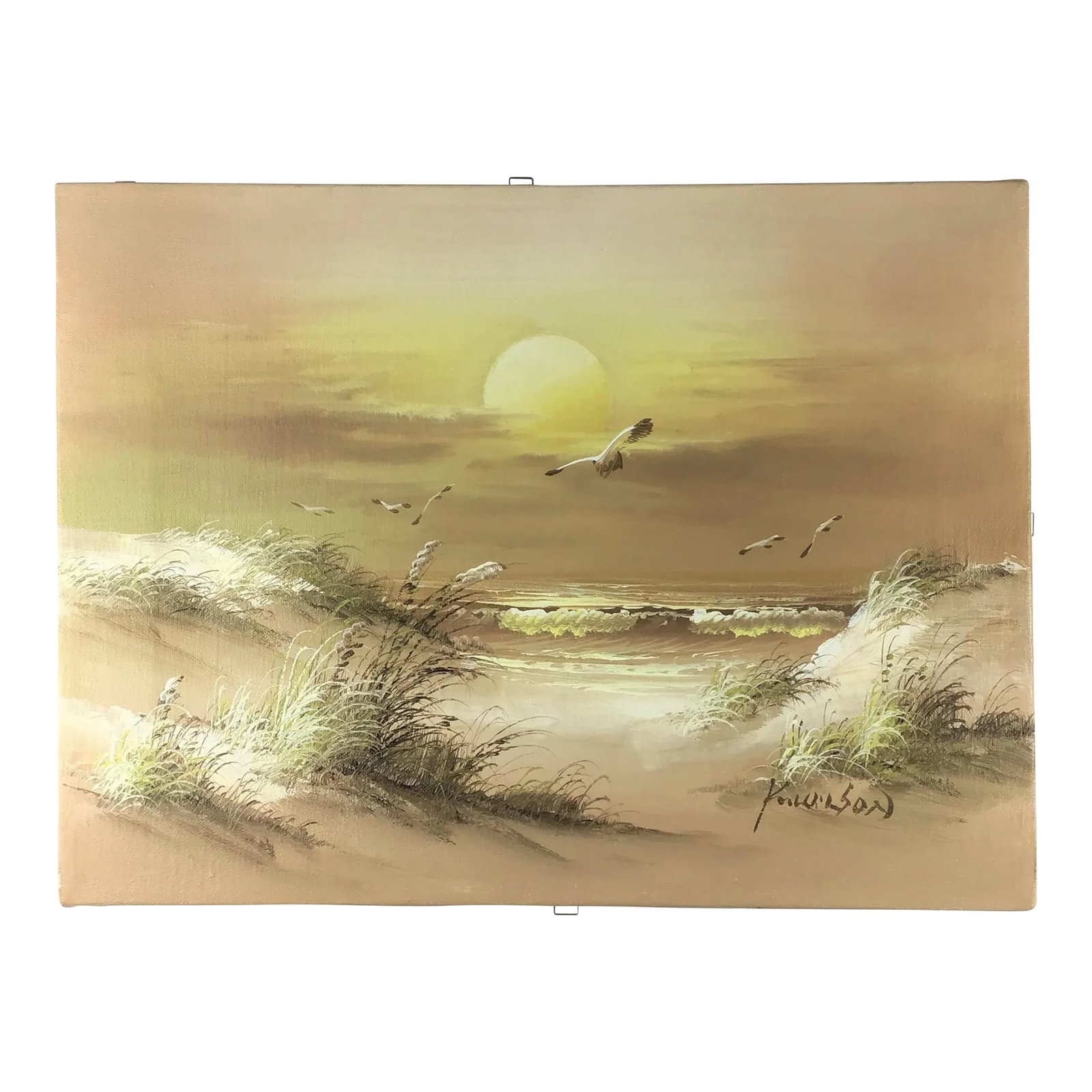 Original Artisan Signed Seascape Oil Painting on Canvas: Vintage oil painting created with scenes of birds and beach, with the sun setting in the background. Very nicely depicted art using beautiful colors and style. We love these original oil paintings by