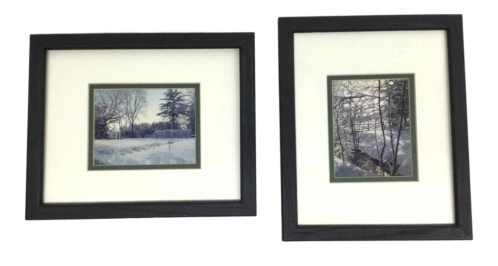 Vintage Set of Framed Photography Prints Scenic Winter Wonderland: Nice pair of photo prints depicting the cold winter in a town somewhere. Actual print size is about 4 x 5". Both frames are the same size. Nice 3 step matting inside each black frame. Condition:
