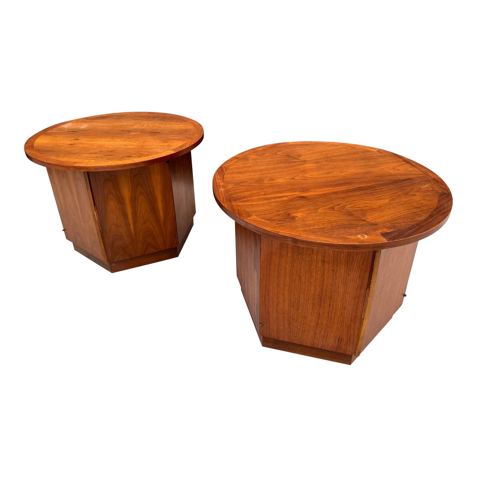 Pair of Mid Century Lane Furniture Hexagon Storage Side Tables: Vintage mid century modern hexagon tables with round top. Tables have a beautiful walnut grain (I believe) and have hidden storage in the base. Made by Lane Furniture in the 1960s and believed to be
