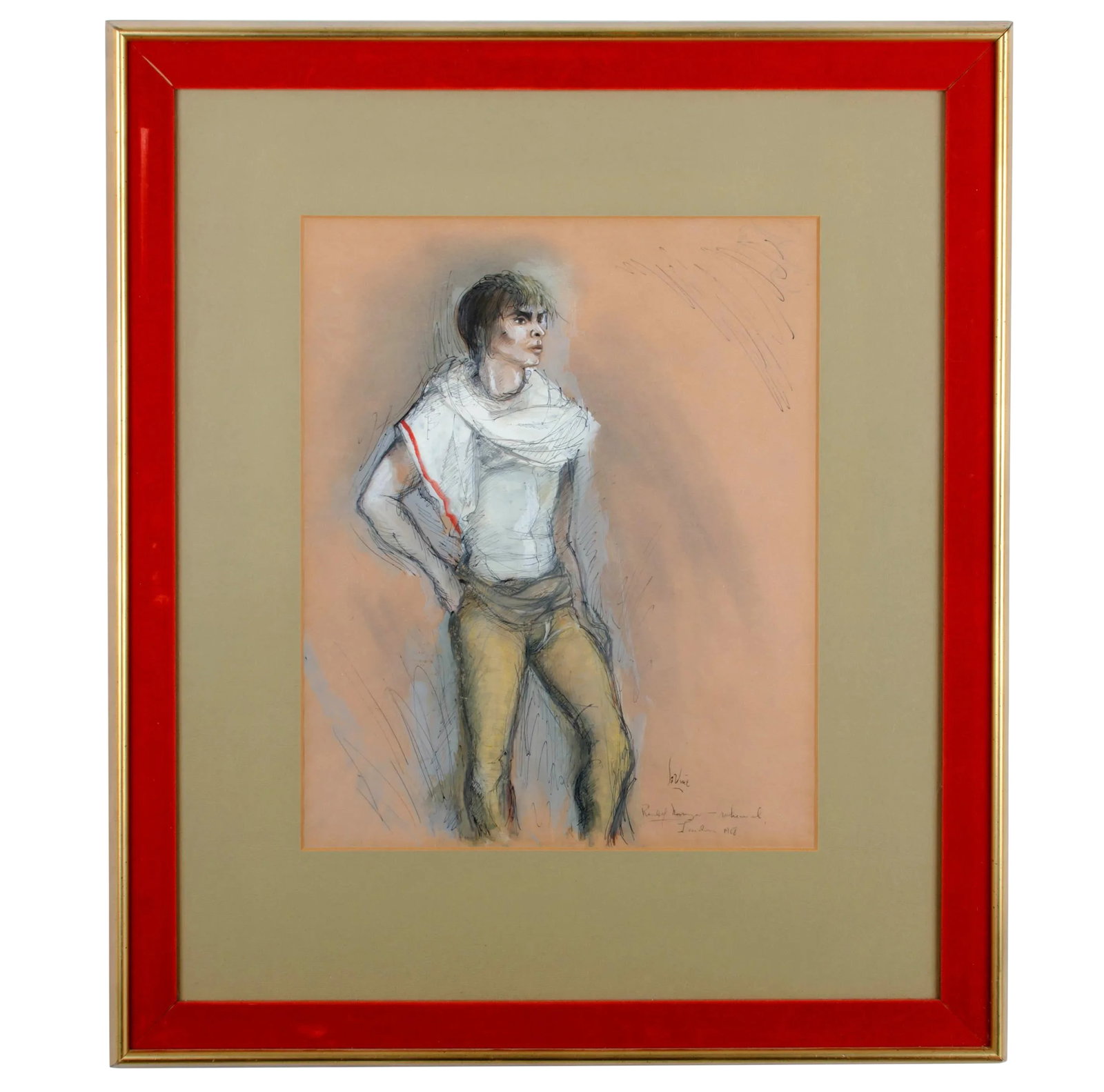 W. Robert LaVine - Rudolf Nureyev Ballet Rehearsal, 1968: W. Robert LaVine (American, 1920-1979) Offered is an ink and watercolor costume illustration of Russian ballet dancer, Rudolf Nureyev from a rehearsal in London of 1968 by W. Robert LaVine. W. Robert