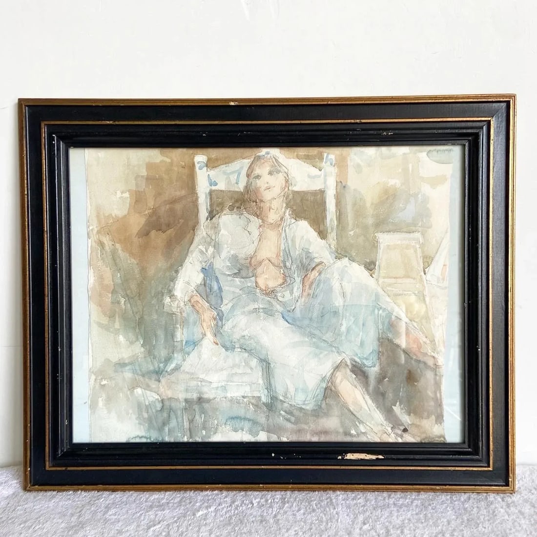 Framed Watercolor Painting of Lady Lounging in Robe Attire - 10