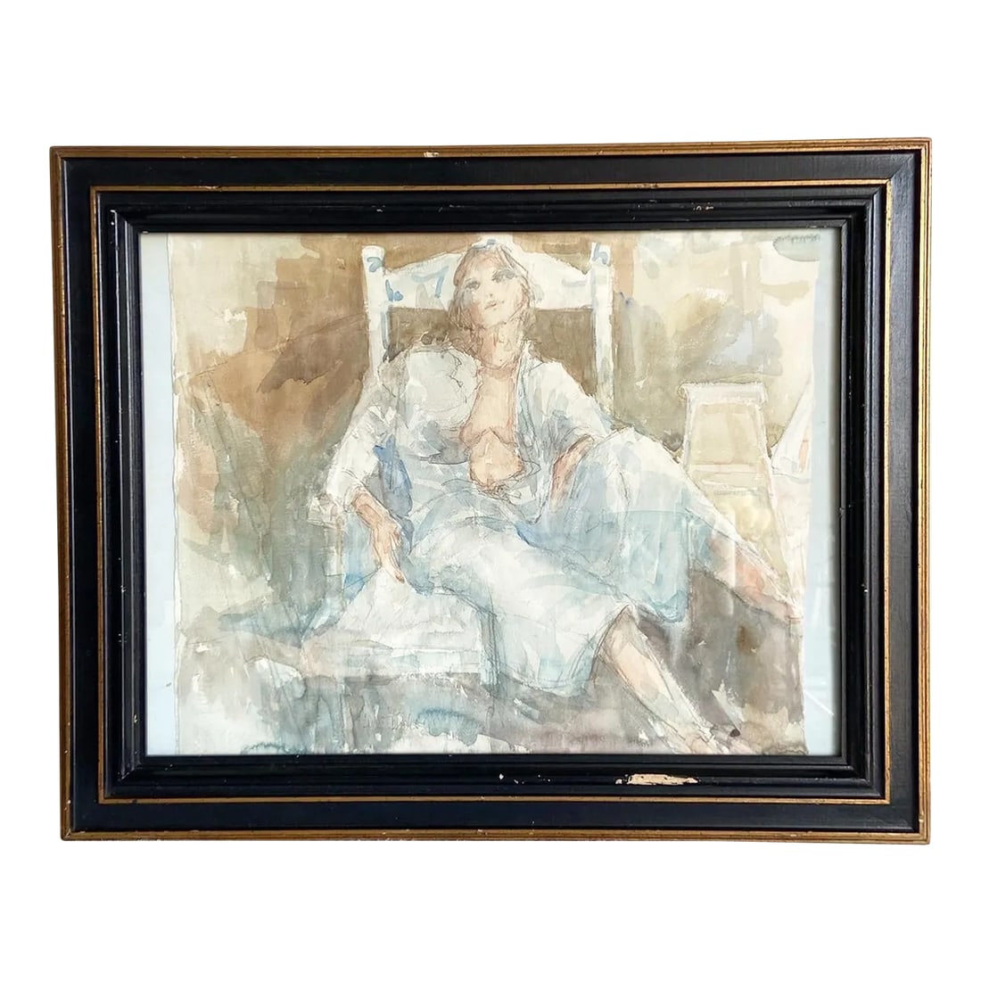 Framed Watercolor Painting of Lady Lounging in Robe Attire: Amazing vintage framed hand painted watercolor painting. Features a portrait of a lady laying with some blue clothes on. Condition: Alterations: Original Condition Unaltered Imperfections: Some Imperf