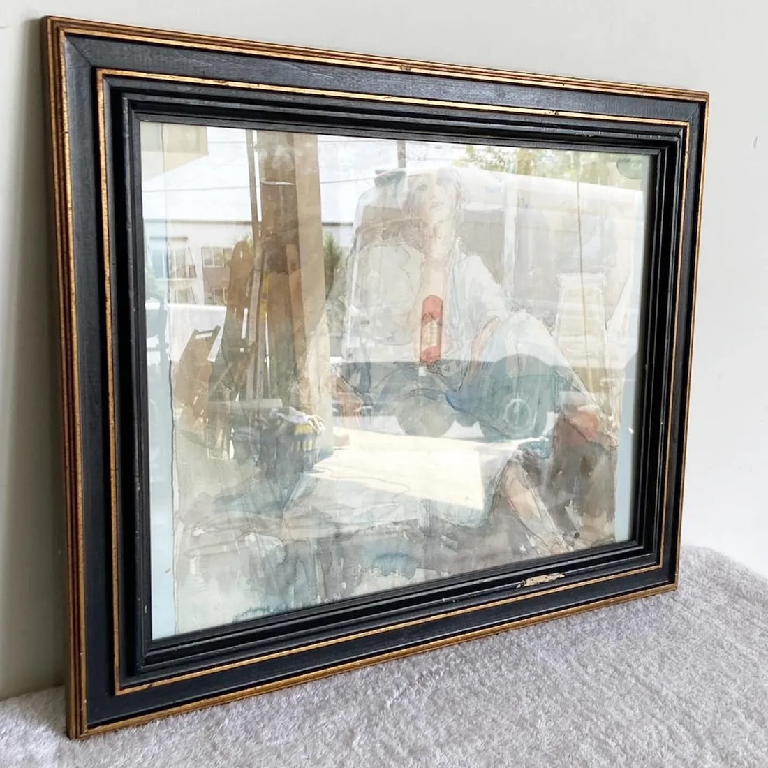 Framed Watercolor Painting of Lady Lounging in Robe Attire - 2