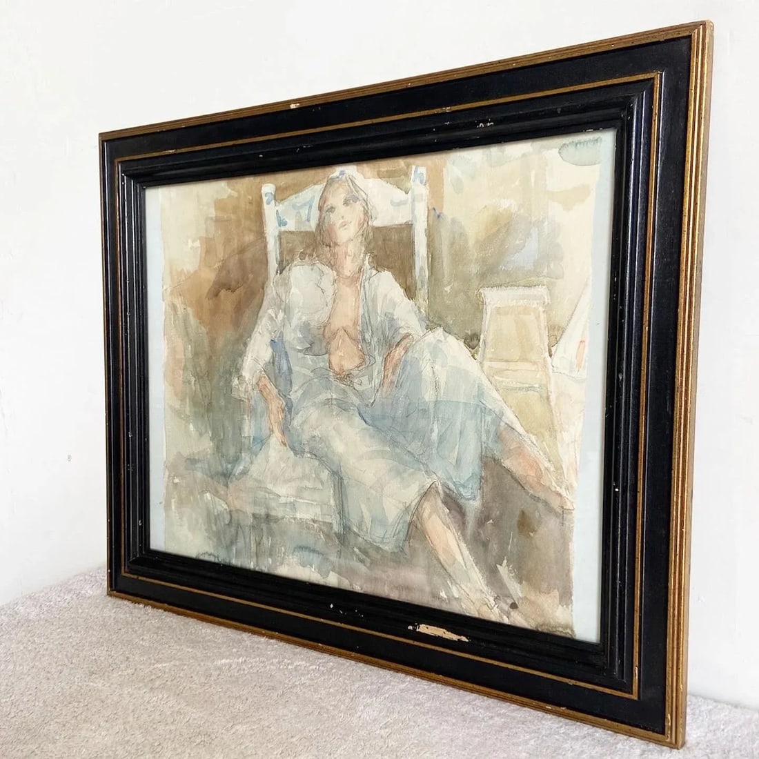 Framed Watercolor Painting of Lady Lounging in Robe Attire - 3