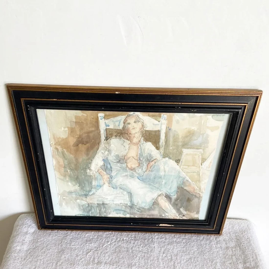 Framed Watercolor Painting of Lady Lounging in Robe Attire - 4