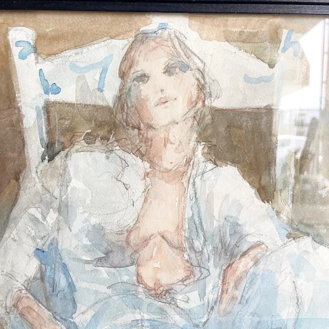 Framed Watercolor Painting of Lady Lounging in Robe Attire - 6