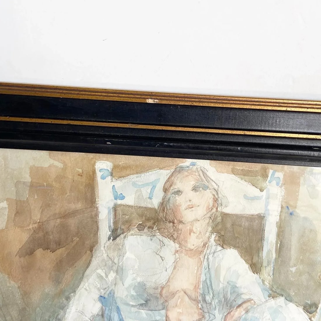 Framed Watercolor Painting of Lady Lounging in Robe Attire - 7