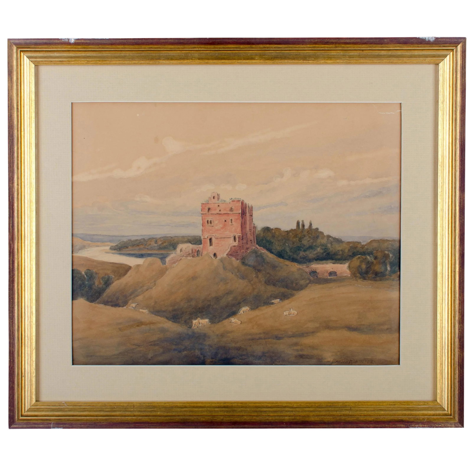 Watercolor of Norham Castle, Northumberland, England: Offered is a circa 19th century watercolor painting of Norham Castle, overlooking the River Tweed, bordering England and Scotland. The painting is signed W. Stanton Robinson. sight 10 by 121/2 inches