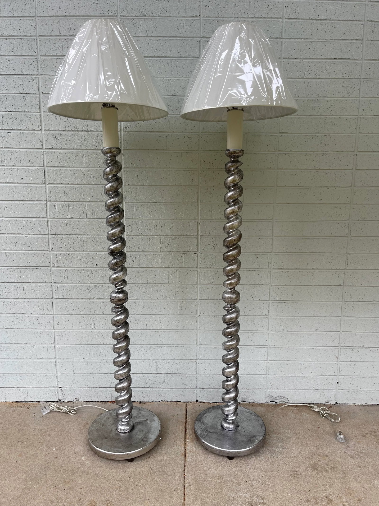 Pair, English Carved Wood & Silver Gilt Barley Twist Floor Lamps - 10