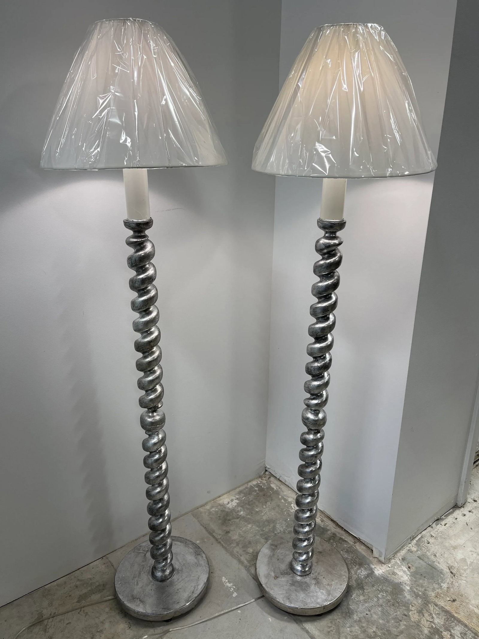 Pair, English Carved Wood & Silver Gilt Barley Twist Floor Lamps - 9