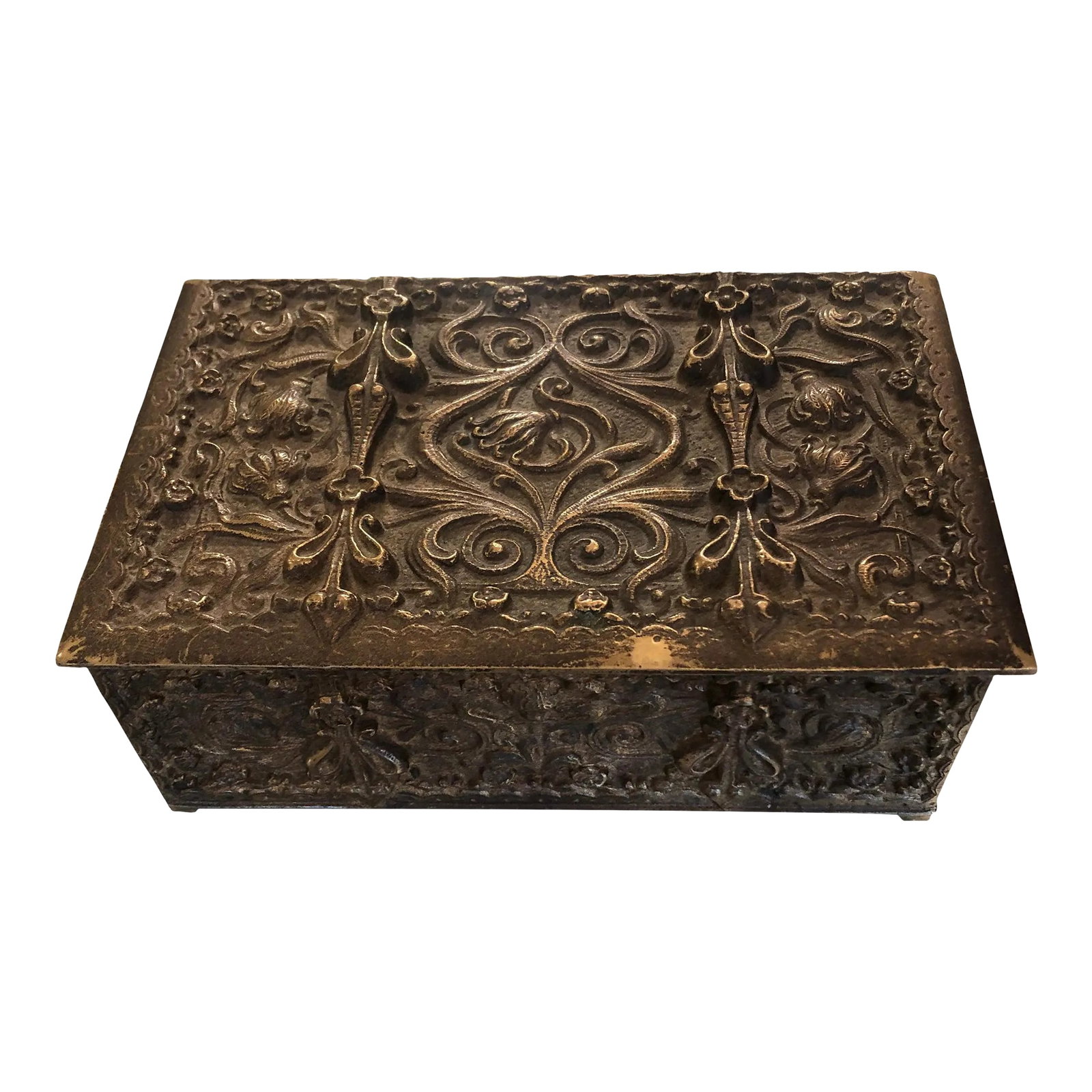Bronze Antique Jewelry Box: Beautiful heavy small jewelry box having ornate cast bronze surface and lined in red velvet. Condition: Alterations: Unknown Imperfections: Some Imperfections Condition Notes: Good Wear consistent wit