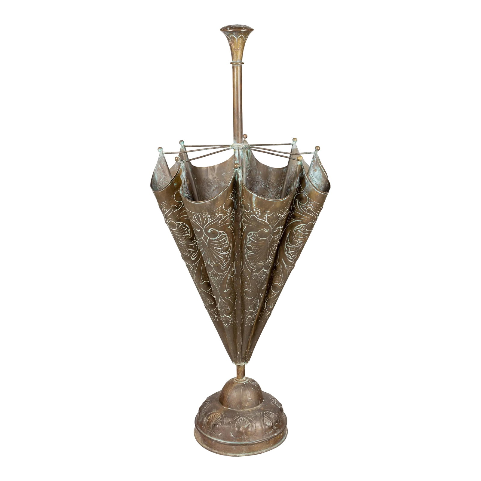 French Embossed Brass Umbrella Stand: A French embossed brass umbrella stand with nice verdigris patina. Minor dents. Circa 1900. 40"H x 18" Diameter Condition: Alterations: Original Condition Unaltered Imperfections: Some Imperfections