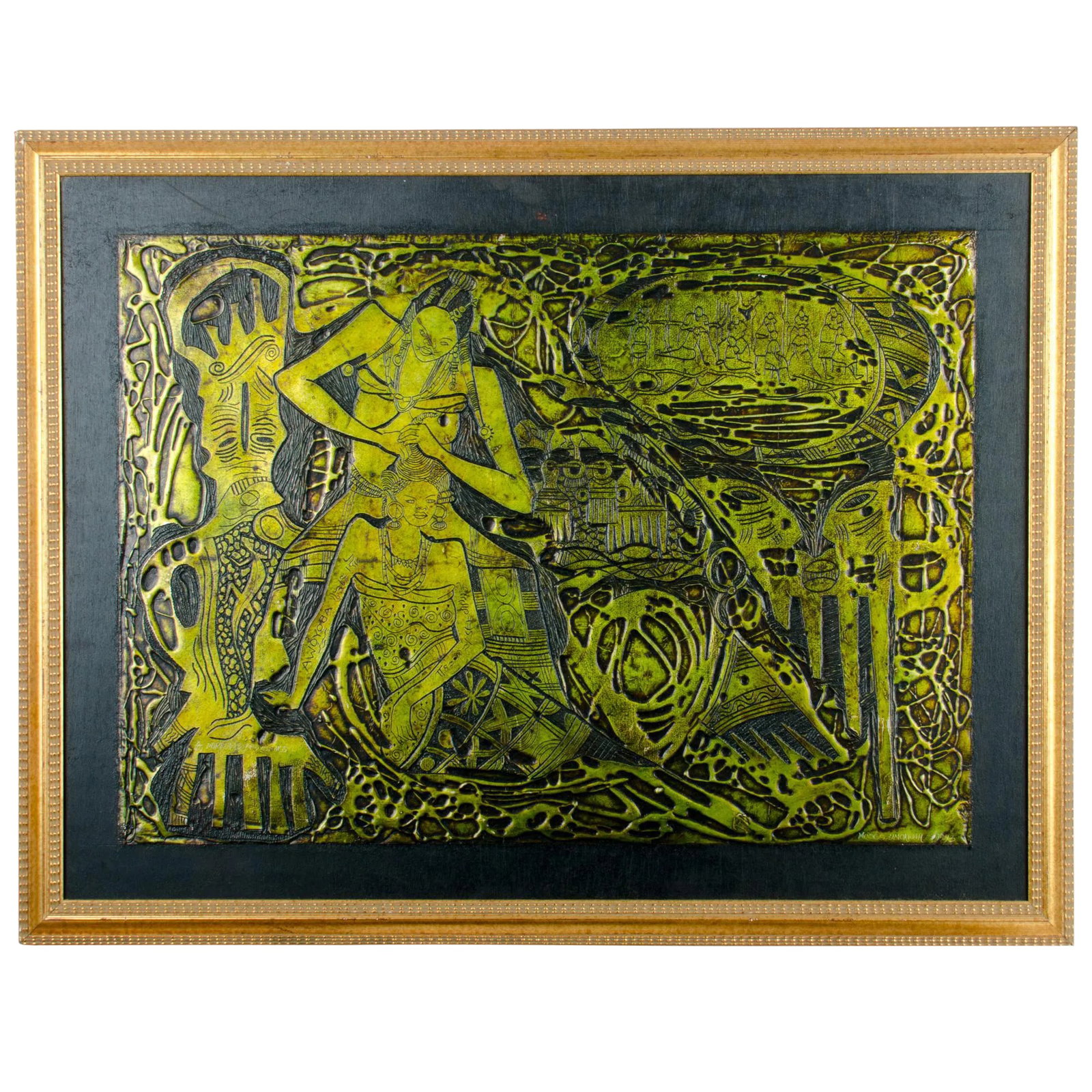 "Mirrows & Combs" Nigerian Metal Relief: This sculpted foil relief 'Mirrows and Combs' circa 1993 from Nigerian artist Moses Unokwah (b.1964) is a very rare multiple with only 40 in the edition. The condition of the piece is excellent. It