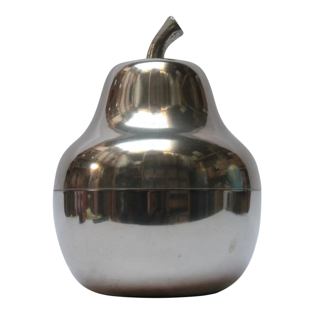 Italian Modernist Stainless Steel "Pear" Ice Bucket: Mid-Century Italian Modern brushed stainless steel 'pear-form' ice bucket with white plastic insulated bucket (ca. late 1960s/early 1970s, Italy). Features a textured, sculptural stem decoration that