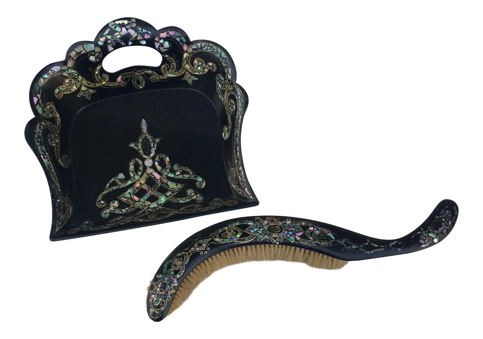Napoleon III Papier-Mache Crumber & Brush - A Pair: Superb quality French papier-mache crumbed and brush with mother-of-pearl inlay circa 1860. Brush measures 13.5" x 1.5." Condition: Alterations: Original Condition Unaltered Imperfections: Some