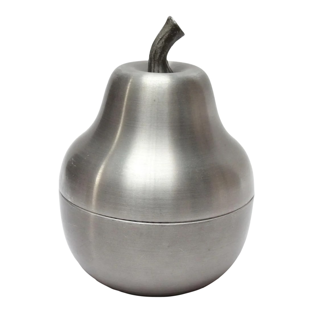 Italian Modernist Brushed Aluminum "Pear" Ice Bucket: Mid-Century Italian Modern brushed aluminum ice bucket with white plastic insulated bucket (ca. late 1960s/early 1970s, Italy). Features a textured, sculptural stem decoration that serves as the