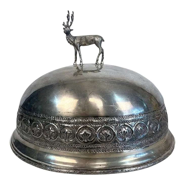 Antique Stag Covered Silverplate Meat Dome: A superb antique silverplate meat platter dome, circa 1890. No maker's mark. This fine silver meat dome has an ornate stag handle and lovely banded decoration around the base. It would be beautiful
