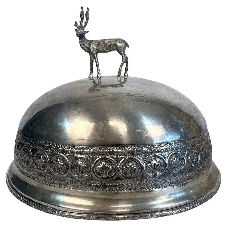 Antique Stag Covered Silverplate Meat Dome - 8