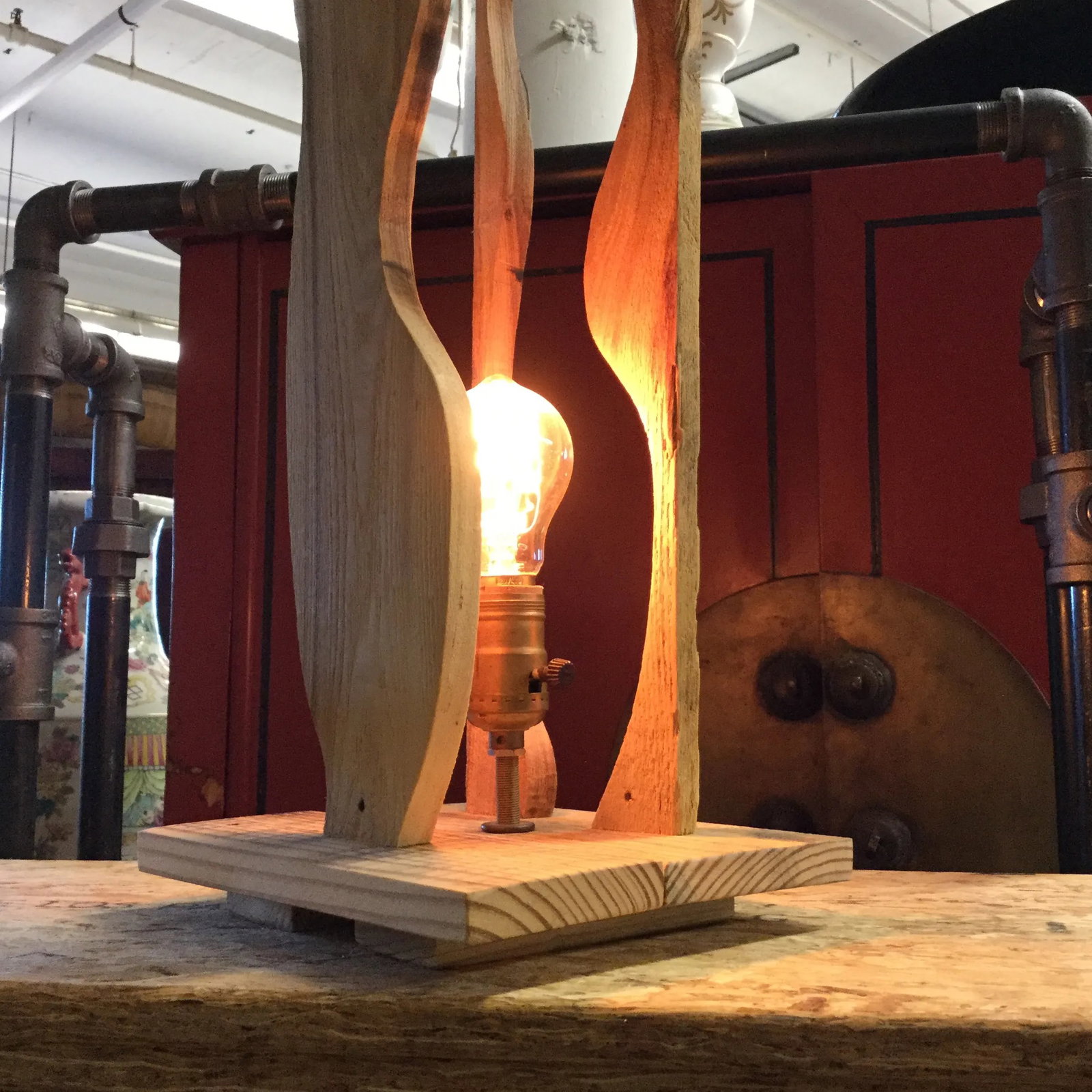 Rustic Industrial Artisan Wood Sculpture Table Lamp - 11