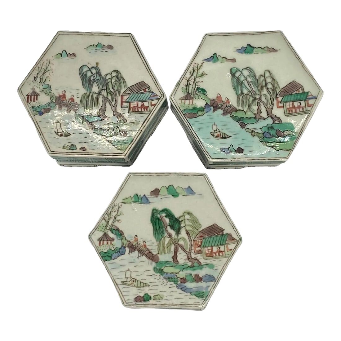 Early 20th Century Small Chinese Famille Verte Hexagonal Porcelain Hand Painted Boxes With Lids - Se: Early 20th Century Small Chinese Famille Verte Hexagonal Porcelain Hand Painted Boxes With Lids - Set of 3. Beautiful set of six-sided trinket boxes from China. Made in the period from the late 1800s