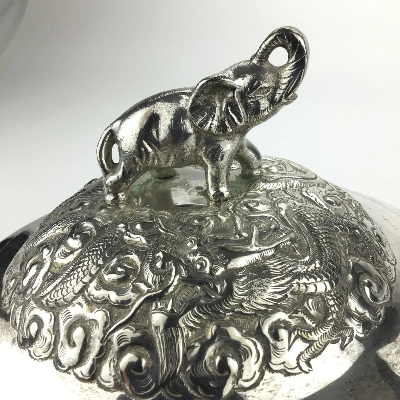 Silver Plate Heavy Elephant Lid With White Porcelain Serving Dish - 10