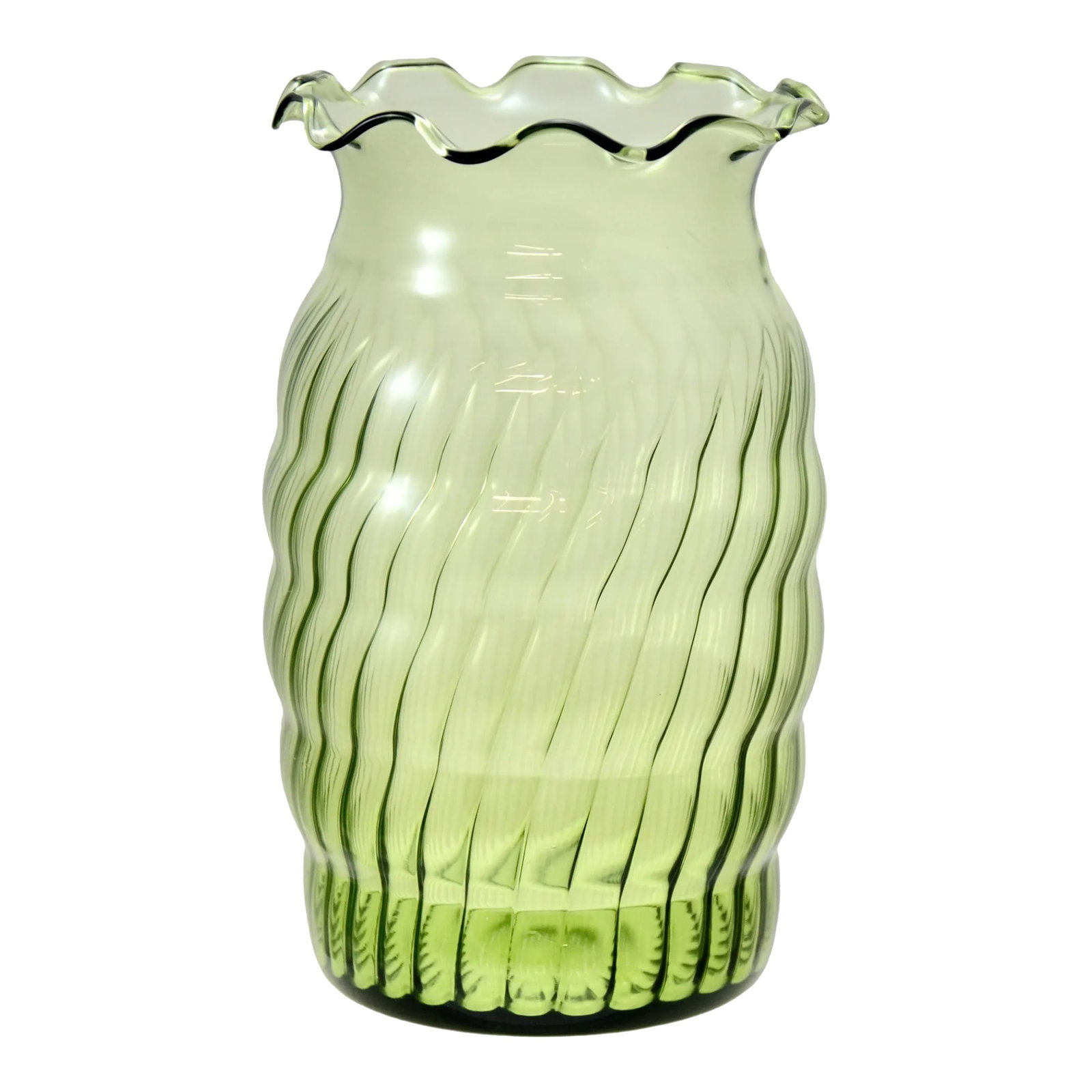 Green Swirled Glass Vase: Green vintage optic glass vase with a ruffle rim. Some anomalies consistent with the glass production process. No maker's mark. Light wear. Condition: Alterations: Original Condition Unaltered