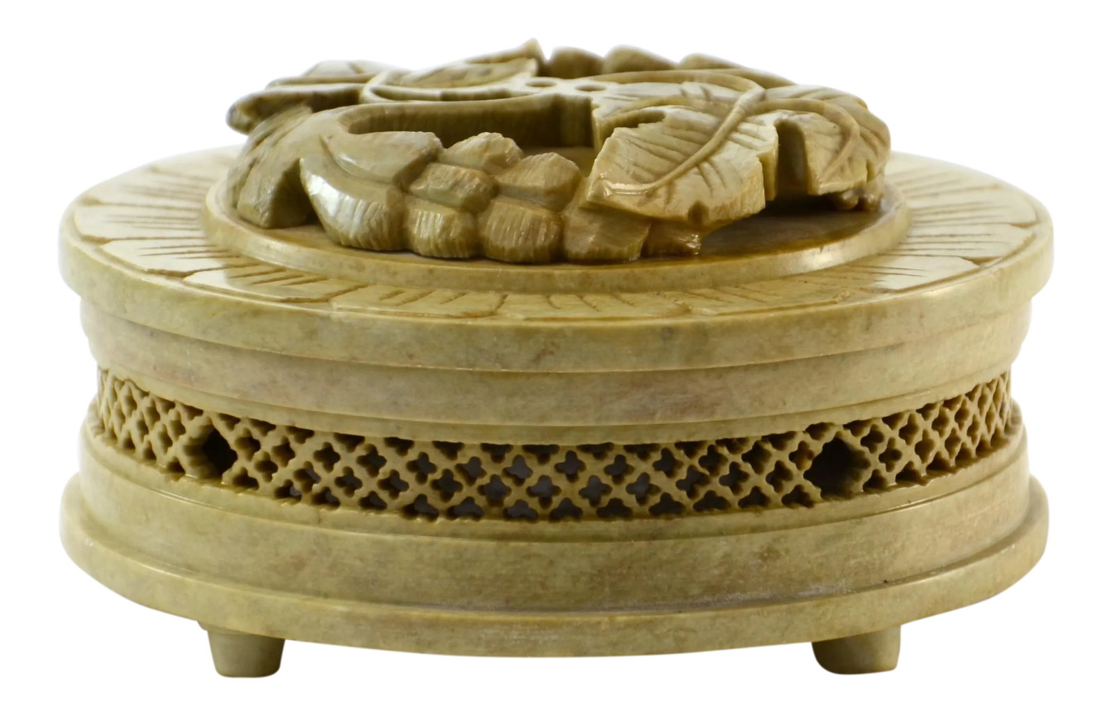 Artisan Carved Soapstone Box: An ornate vintage artisan carved soapstone footed box with an intricate repousse applied carved leaf design on the lid and pierced walls. No maker's mark. Light wear. Condition: Alterations: Original