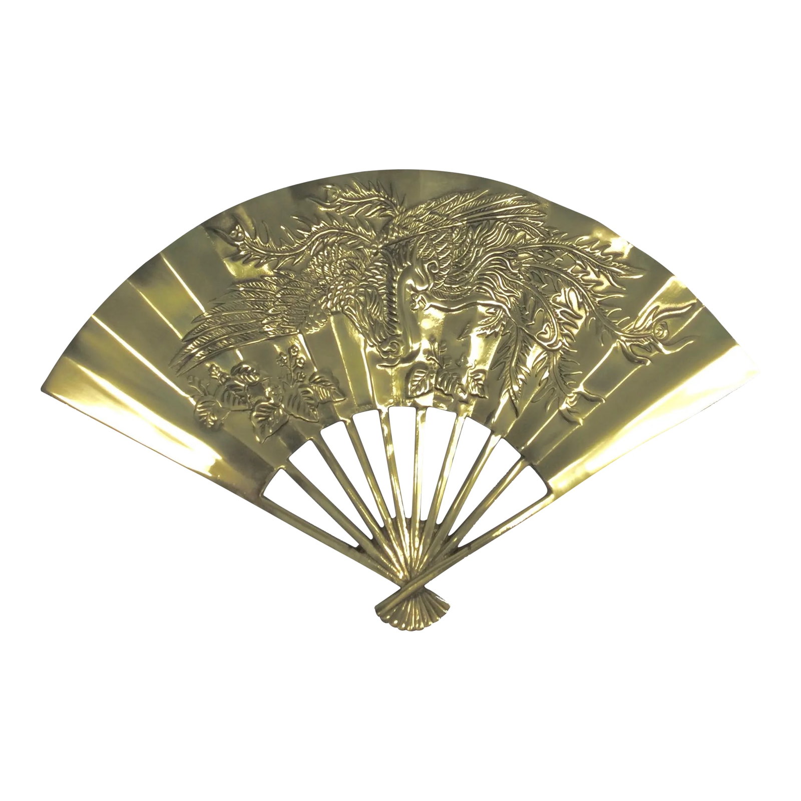 Vintage Carved Solid Brass Fan Wall Art: Beautiful heavy solid brass fan to add an Asian or eastern theme and style to your walls. We have 4 identical fans, and pay attention! These are carved with Dragon and Phoenix. A very lucky combinatio