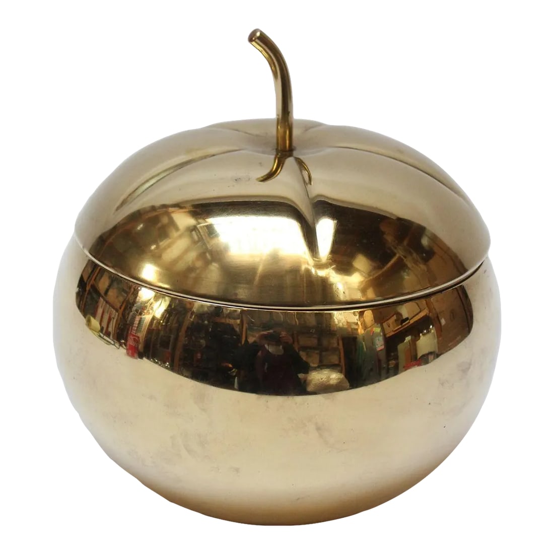 Italian Modernist Brass "Pumpkin" Ice Bucket: Mid-Century Italian Modern "pumpkin-form" brass ice bucket (ca. 1950s). Features a sculptural stem decoration that serves as the handle for removing the top. The bucket is uninsulated but can still be