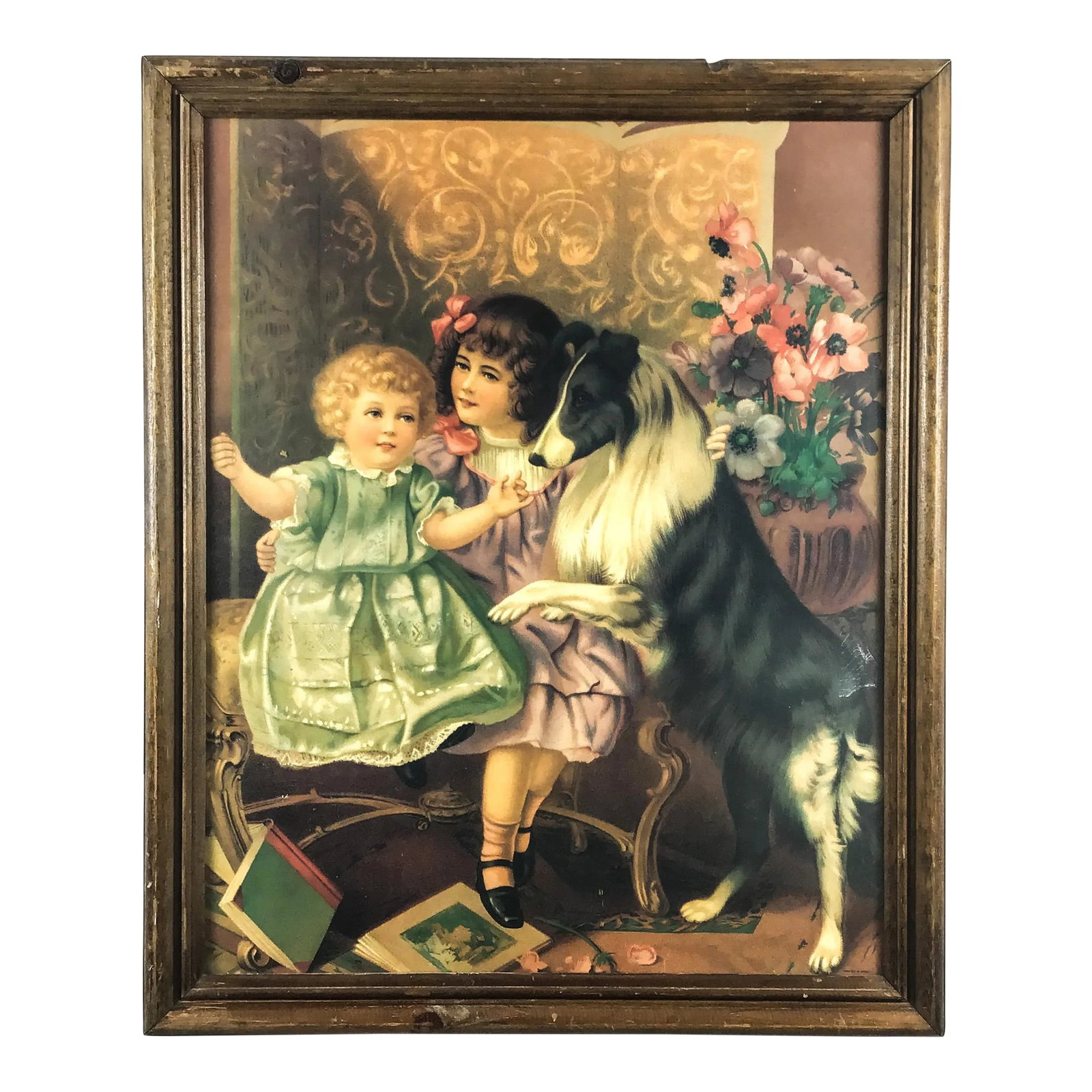 Antique Framed Print Sisters and Collie: Probably from the early 1900's. This gorgeous colorful print is framed with wood and glass protection. Bottom right corner is marked "Printed in Korea" The quality is absolutely perfection for depth