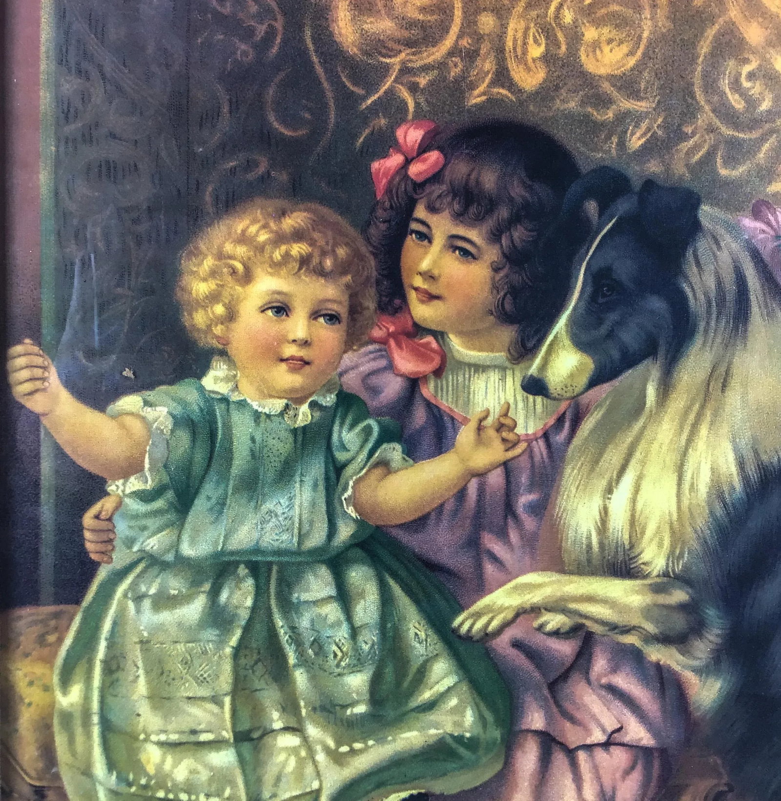 Antique Framed Print Sisters and Collie - 2